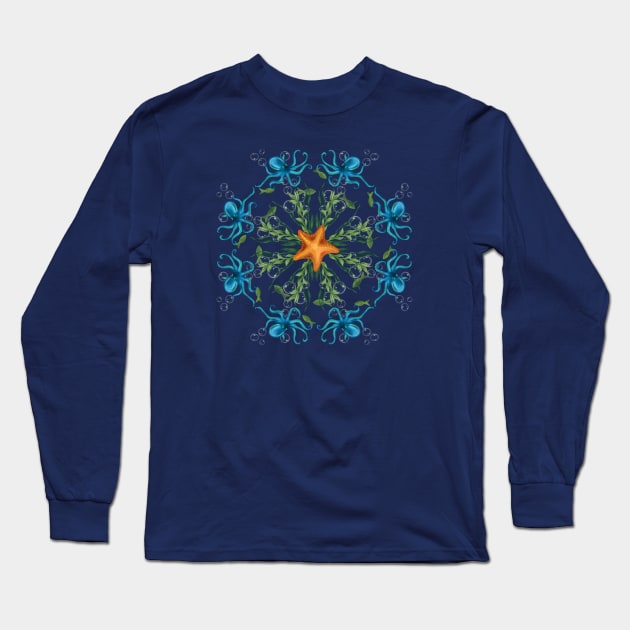 Octopus Mandala with Seaweed and Sea Star Long Sleeve T-Shirt by Taggle Doodles